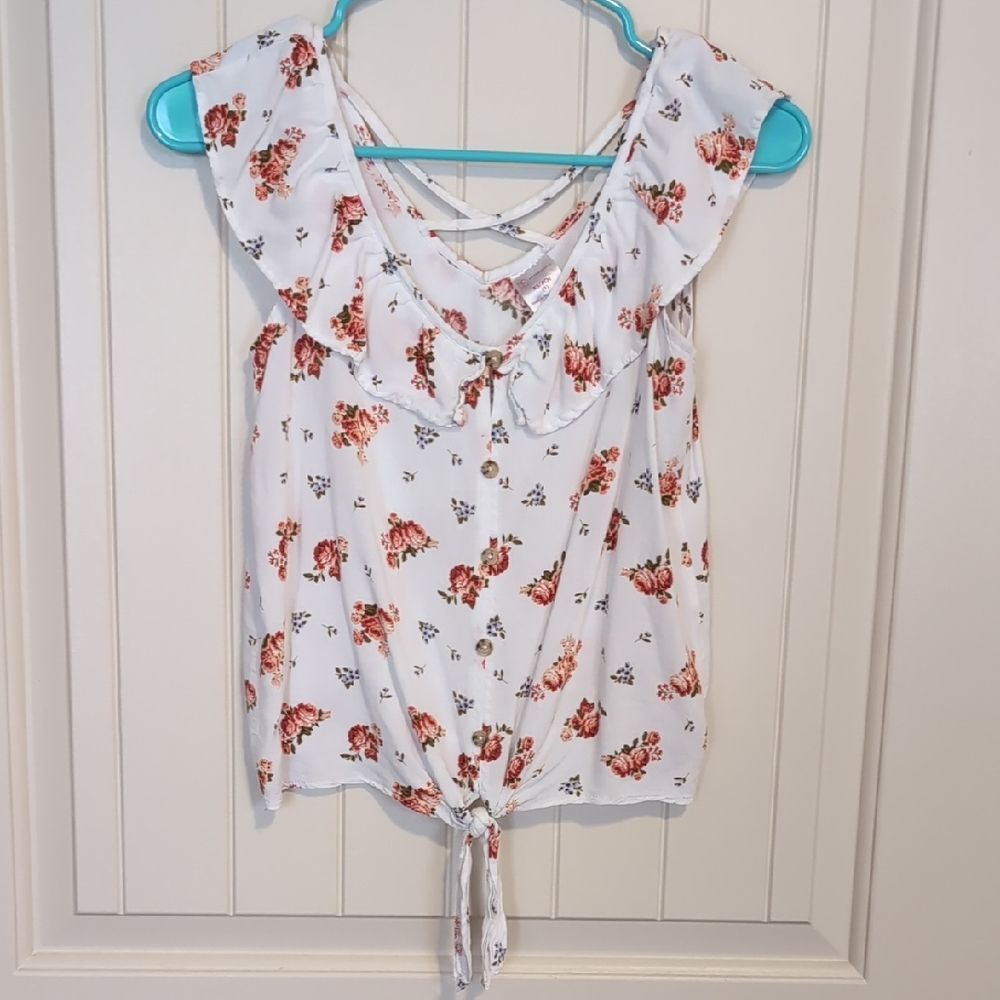No Boundaries White Floral Tie-Front Blouse